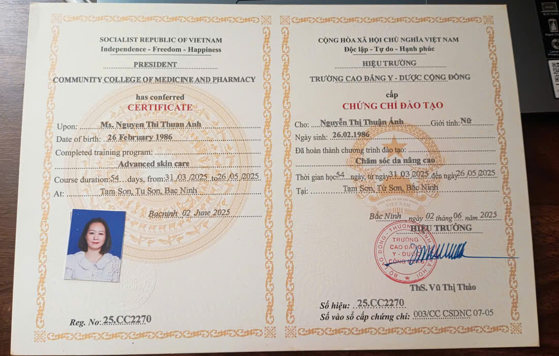 Chứng chỉ đào tạo Chăm sóc da nâng cao — Trường Cao đẳng Y – Dược Cộng Đồng cấp cho Nguyễn Thị Thuận Ánh, 02/06/2025